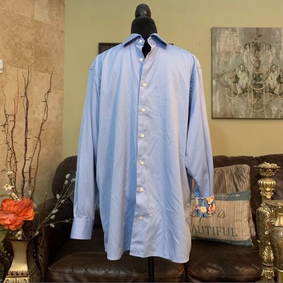 ETON Blue Button Down Tennis Racket Floral Print Flip Cuff Shirt XL - Picture 3 of 11